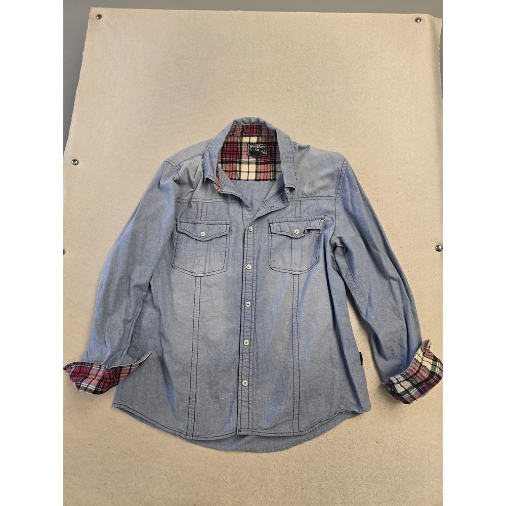 WearFirst Mens Long Sleeve Button Down‎ Shirt Blue Cotton Plaid Trim Large